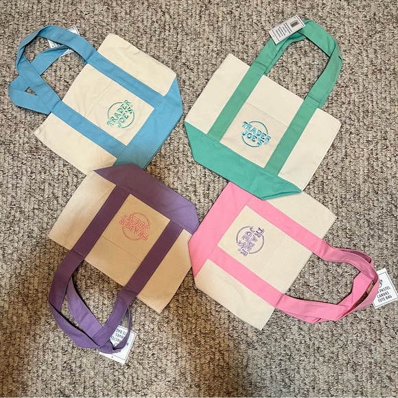 Set of 4 Trader Joe's mini Pastel Canvas Tote Bags:Pink, Blue, Green, Purple NWT - Picture 2 of 10
